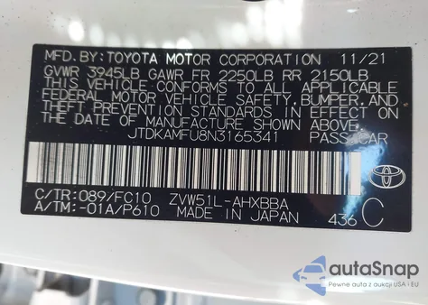 2022 Toyota Prius L z USA, uszkodzony, nr VIN JTDKAMFU8N3165341